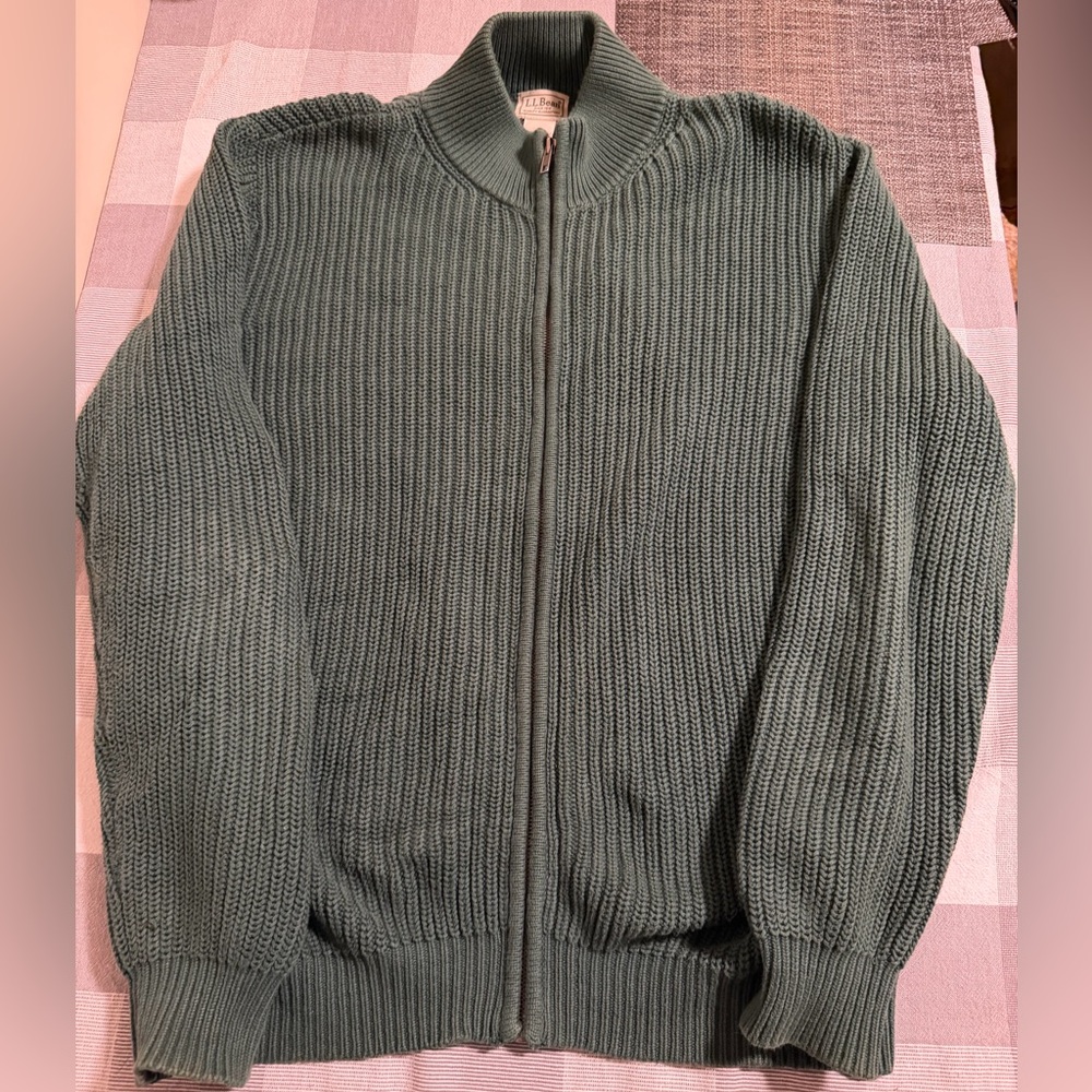 L.L. BEAN Large Men's Full Zip Green Cotton Cardigan Sweater